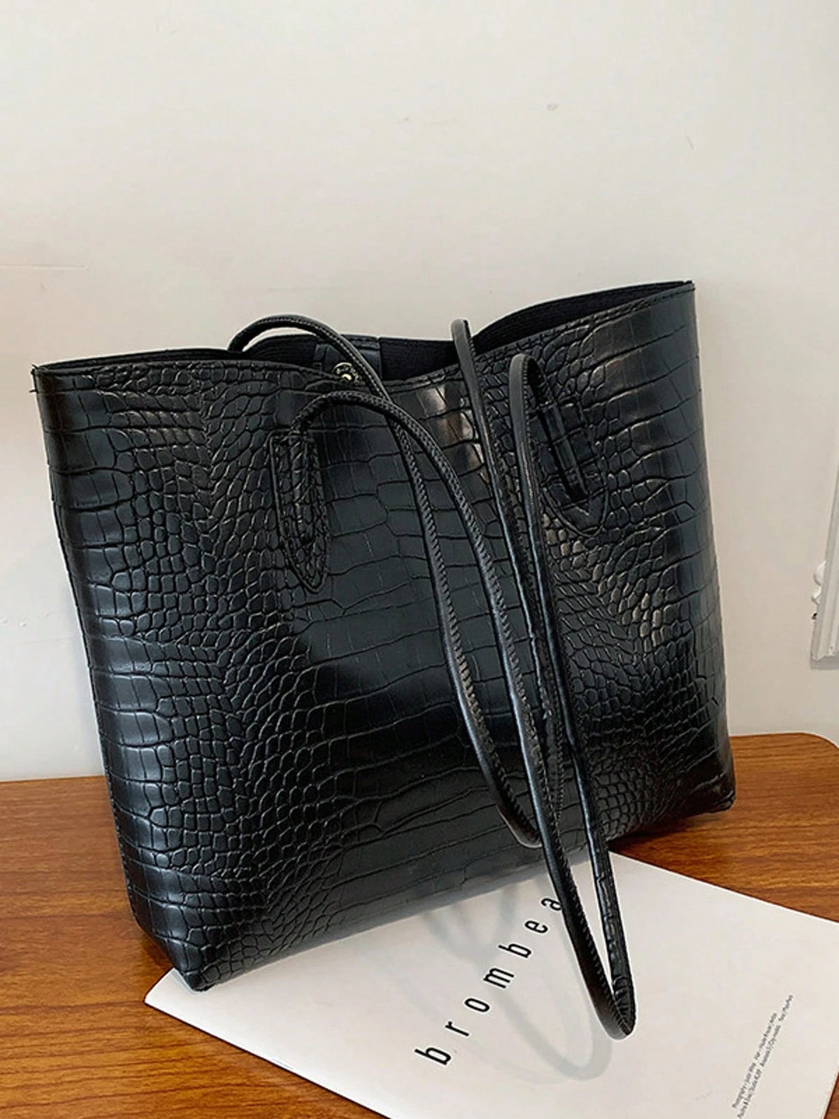 Women's Croc Embossed Shoulder Tote Bag Set Black