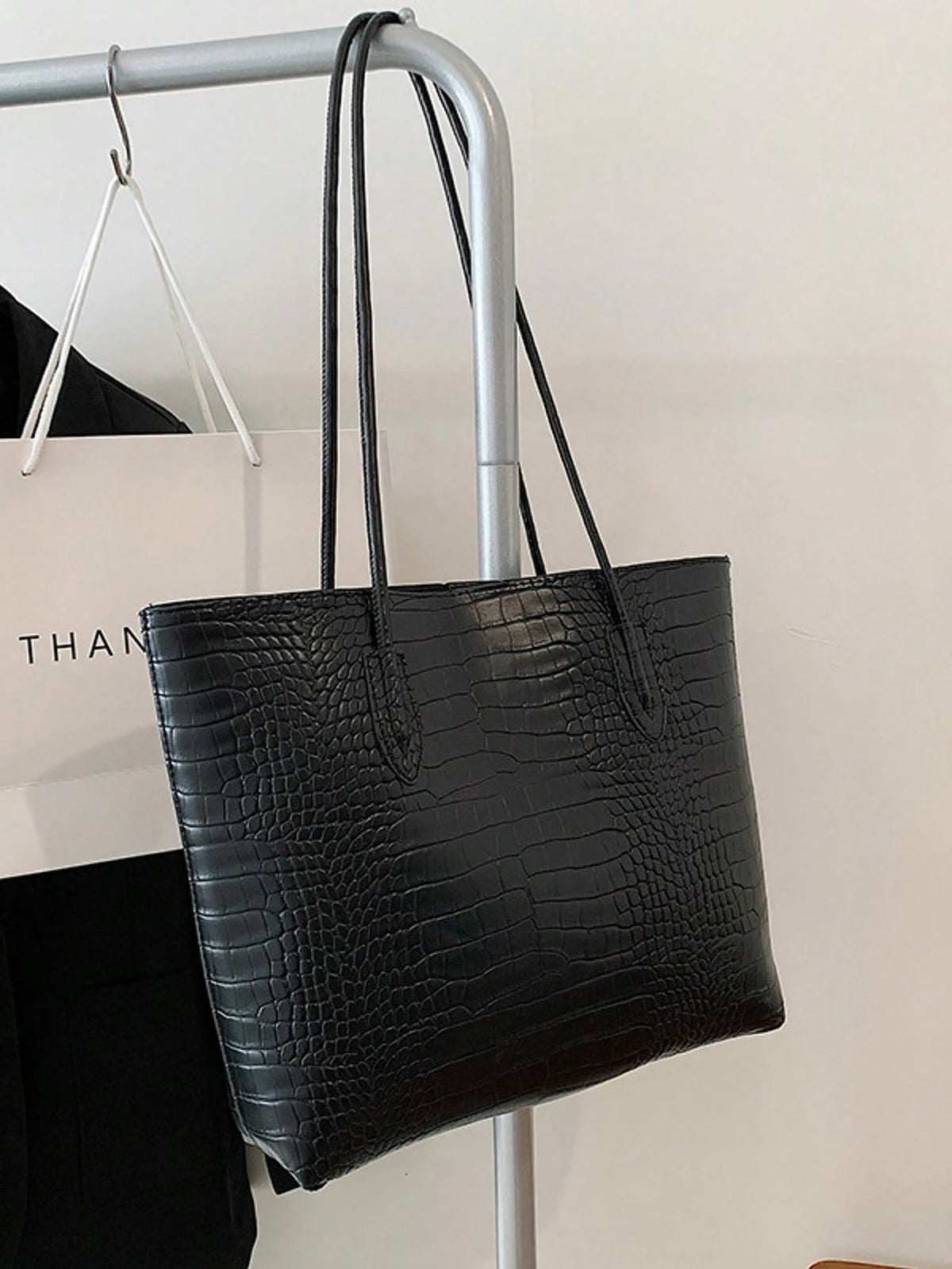 Women's Croc Embossed Shoulder Tote Bag Set Black