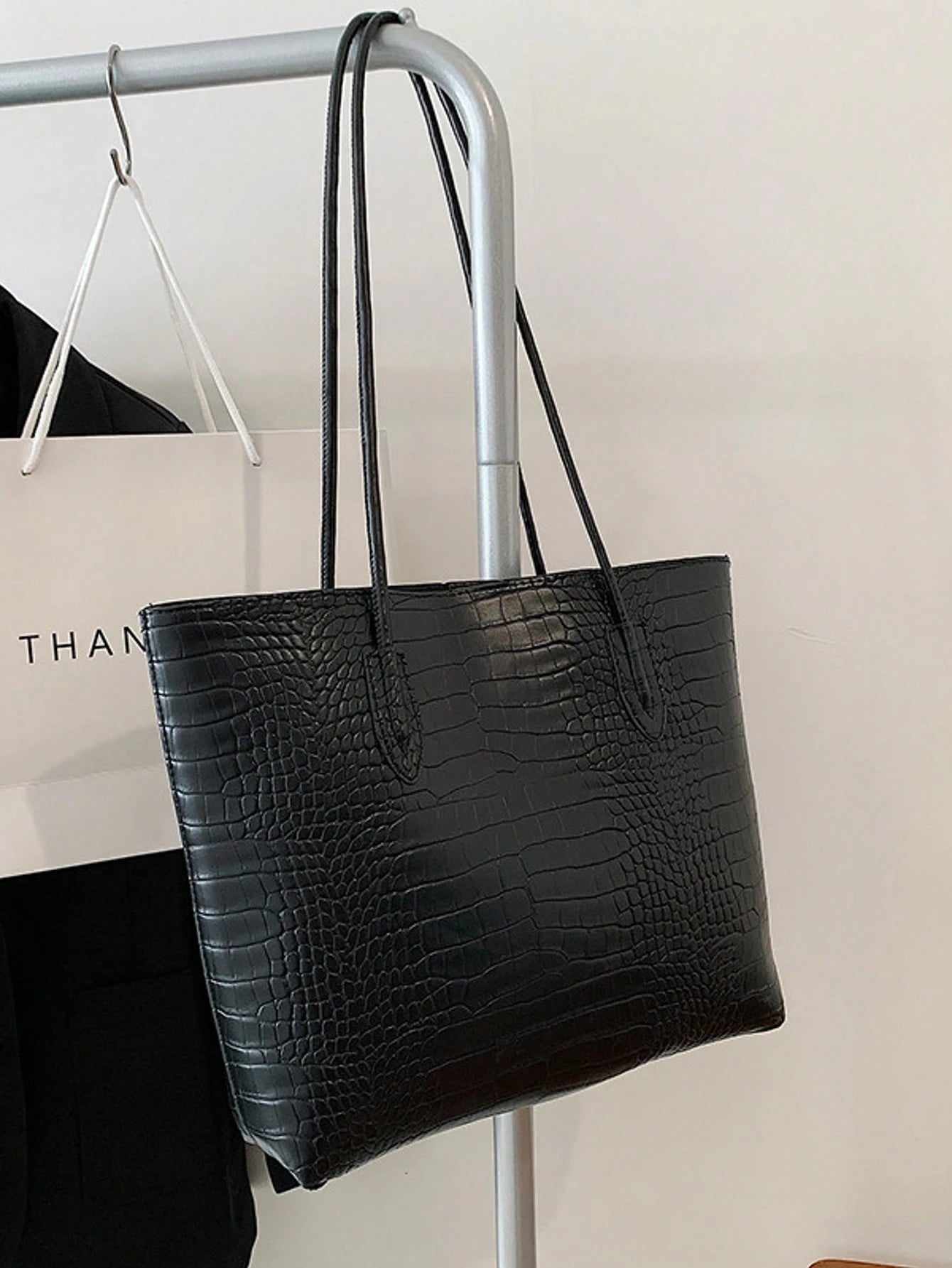 Women's Croc Embossed Shoulder Tote Bag Set Black