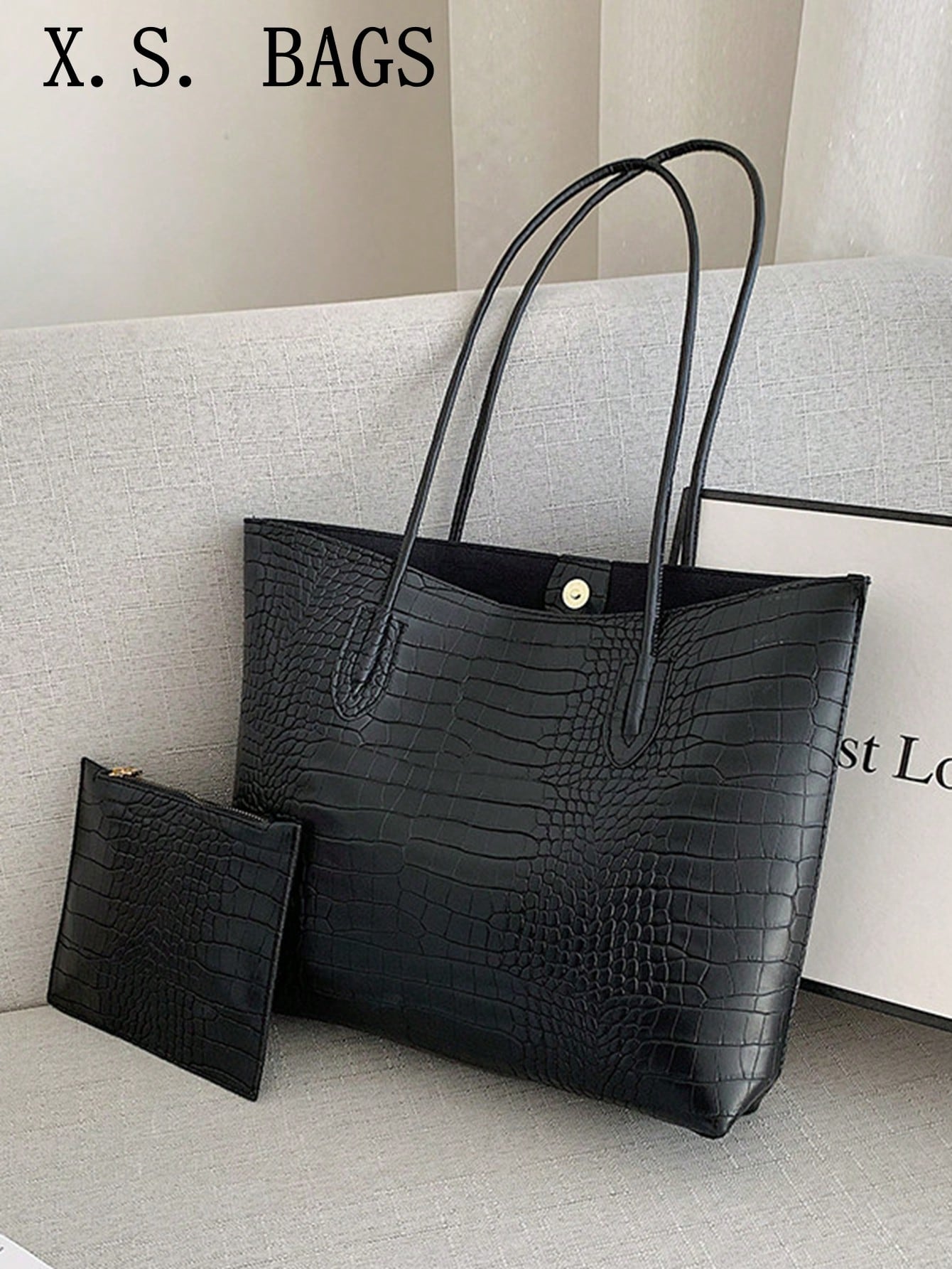 Women's Croc Embossed Shoulder Tote Bag Set Black