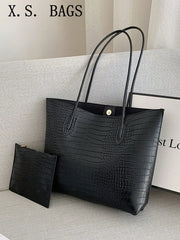 Women's Croc Embossed Shoulder Tote Bag Set Black