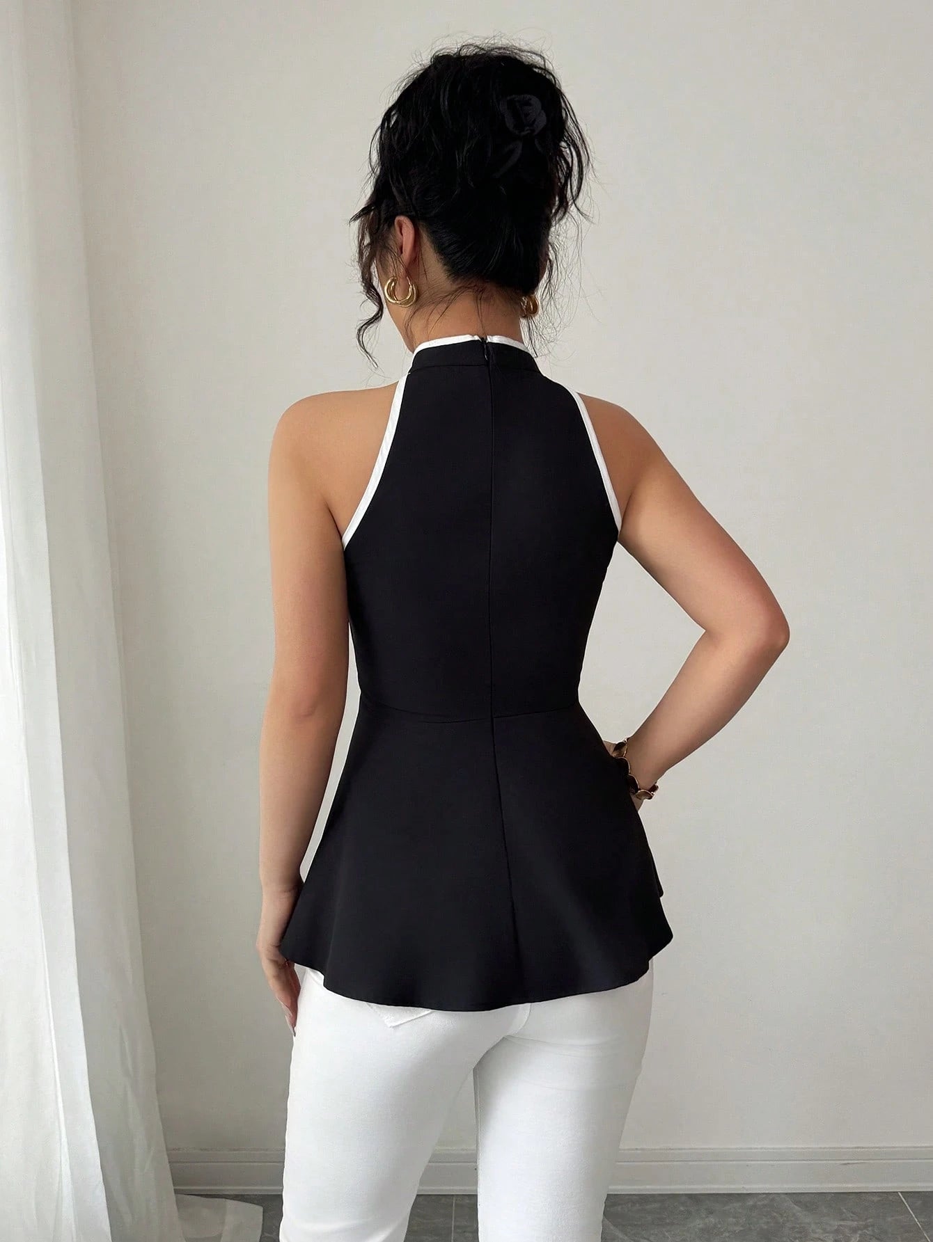 Women's Elegant Colorblock Stand Collar Sleeveless Peplum Blouse