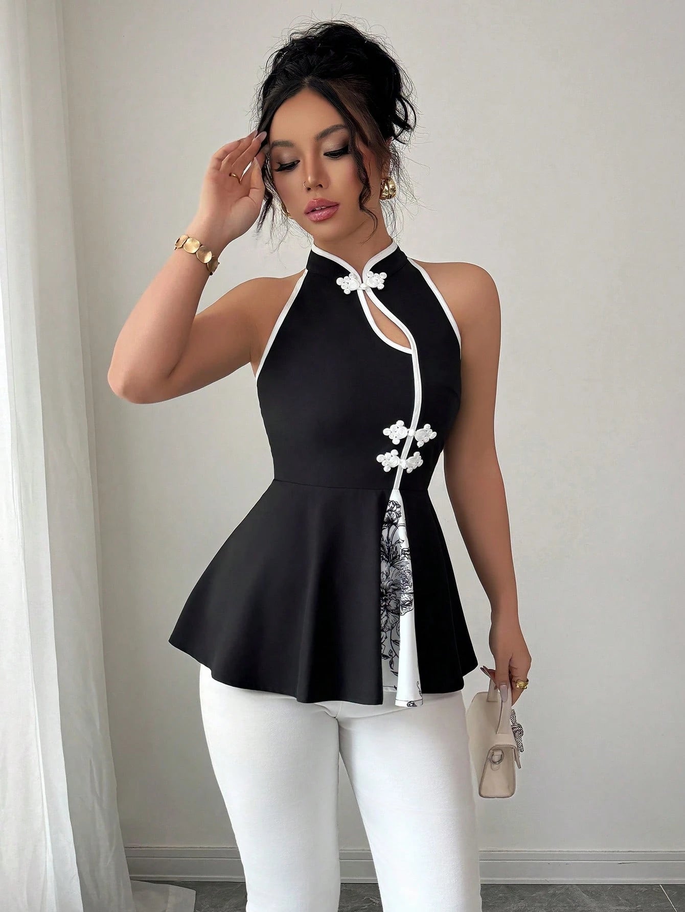Women's Elegant Colorblock Stand Collar Sleeveless Peplum Blouse