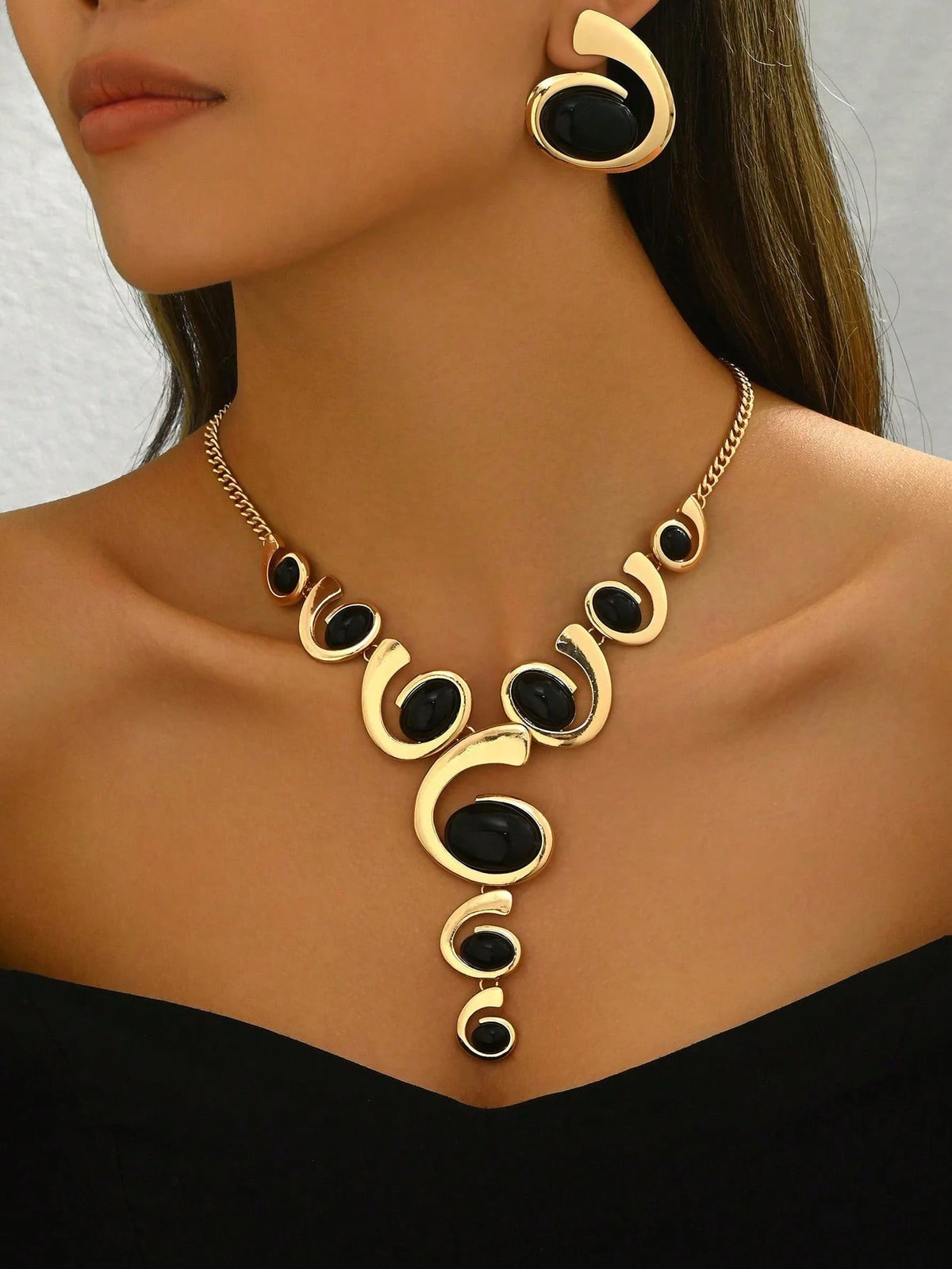 Women's Asymmetric Spiral Y-Pendant Necklace and Earring Set