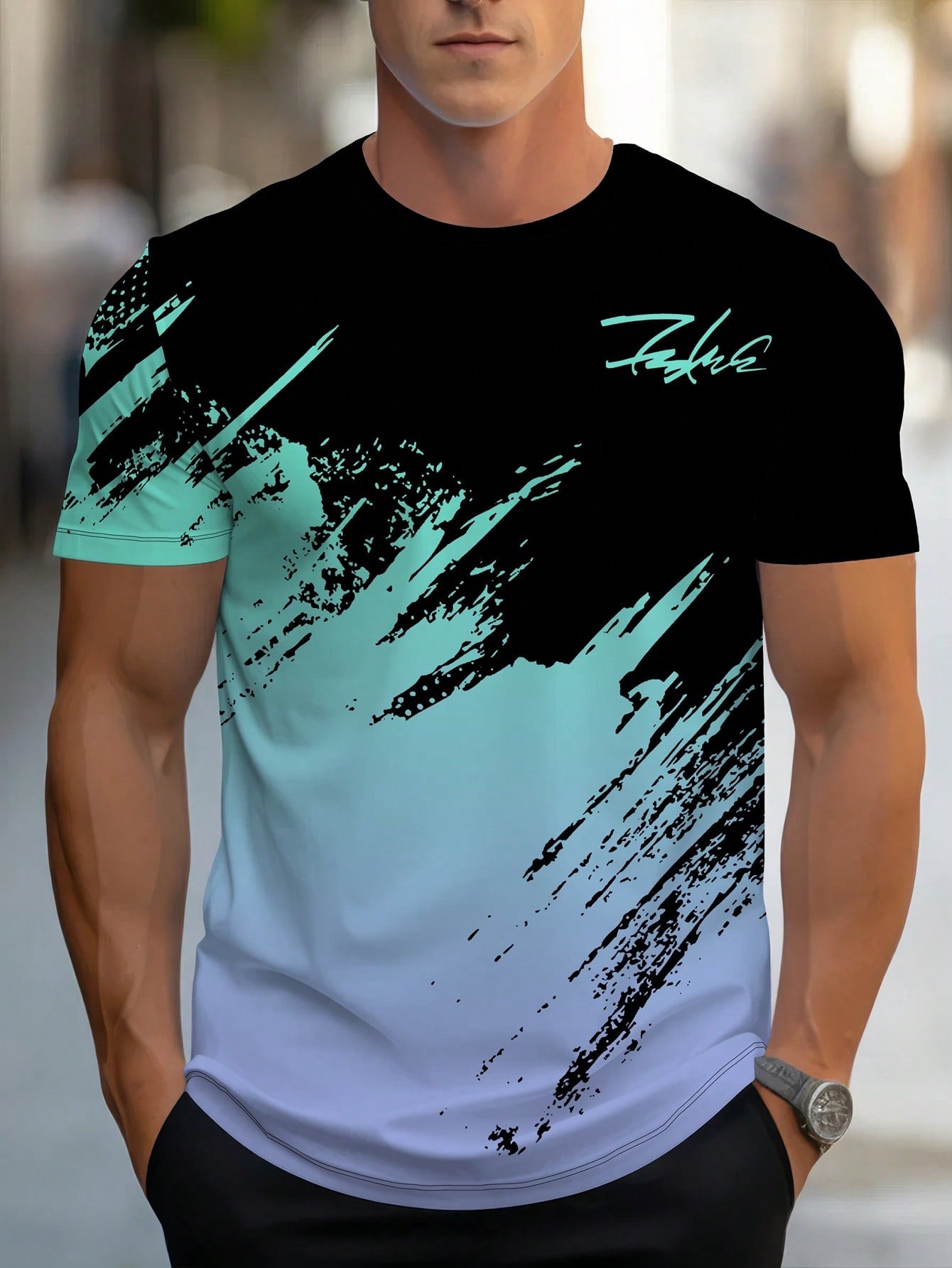 Men's 3D Print Black & White Contrast Pattern T-Shirt
