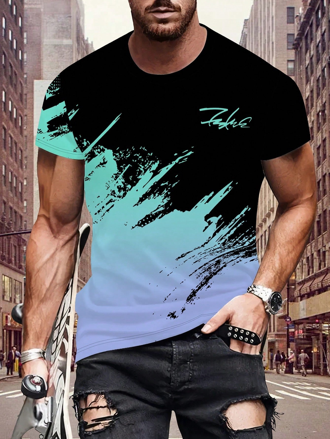 Men's 3D Print Black & White Contrast Pattern T-Shirt