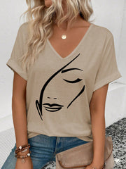 Women's Face Print V-Neck Short Sleeve Casual T-Shirt