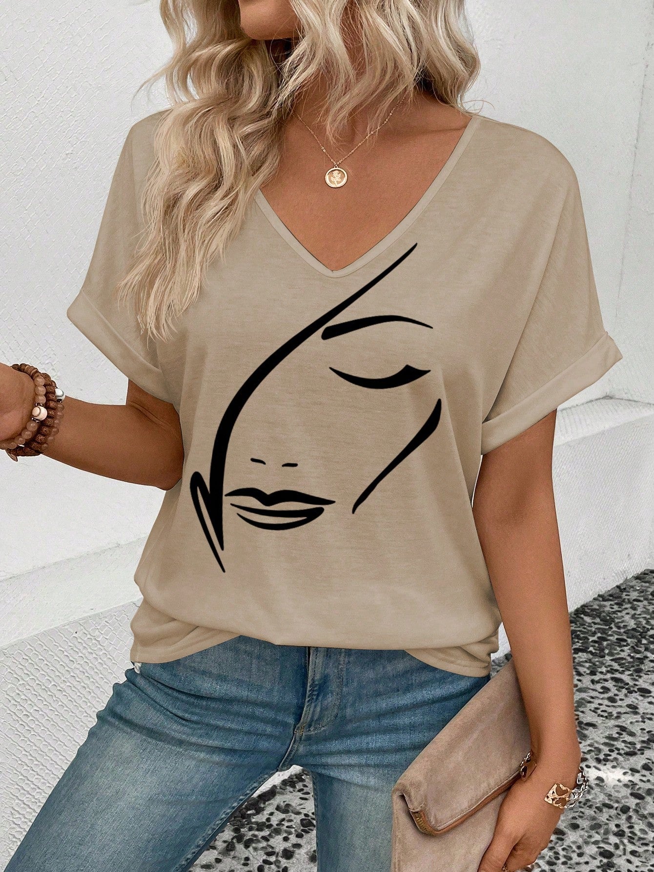 Women's Face Print V-Neck Short Sleeve Casual T-Shirt
