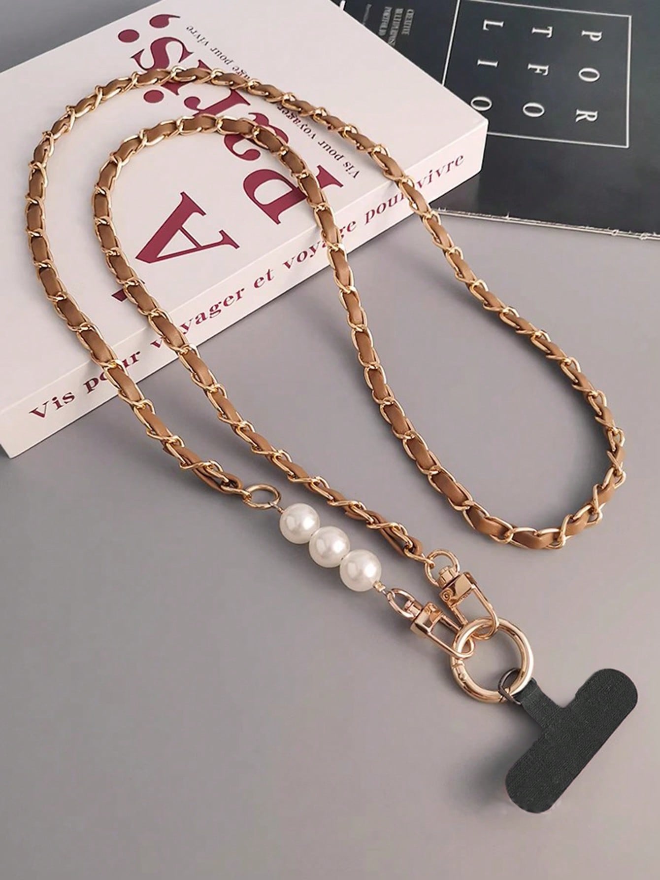 Pearl Lanyard Crossbody Phone Strap with Metal Chain