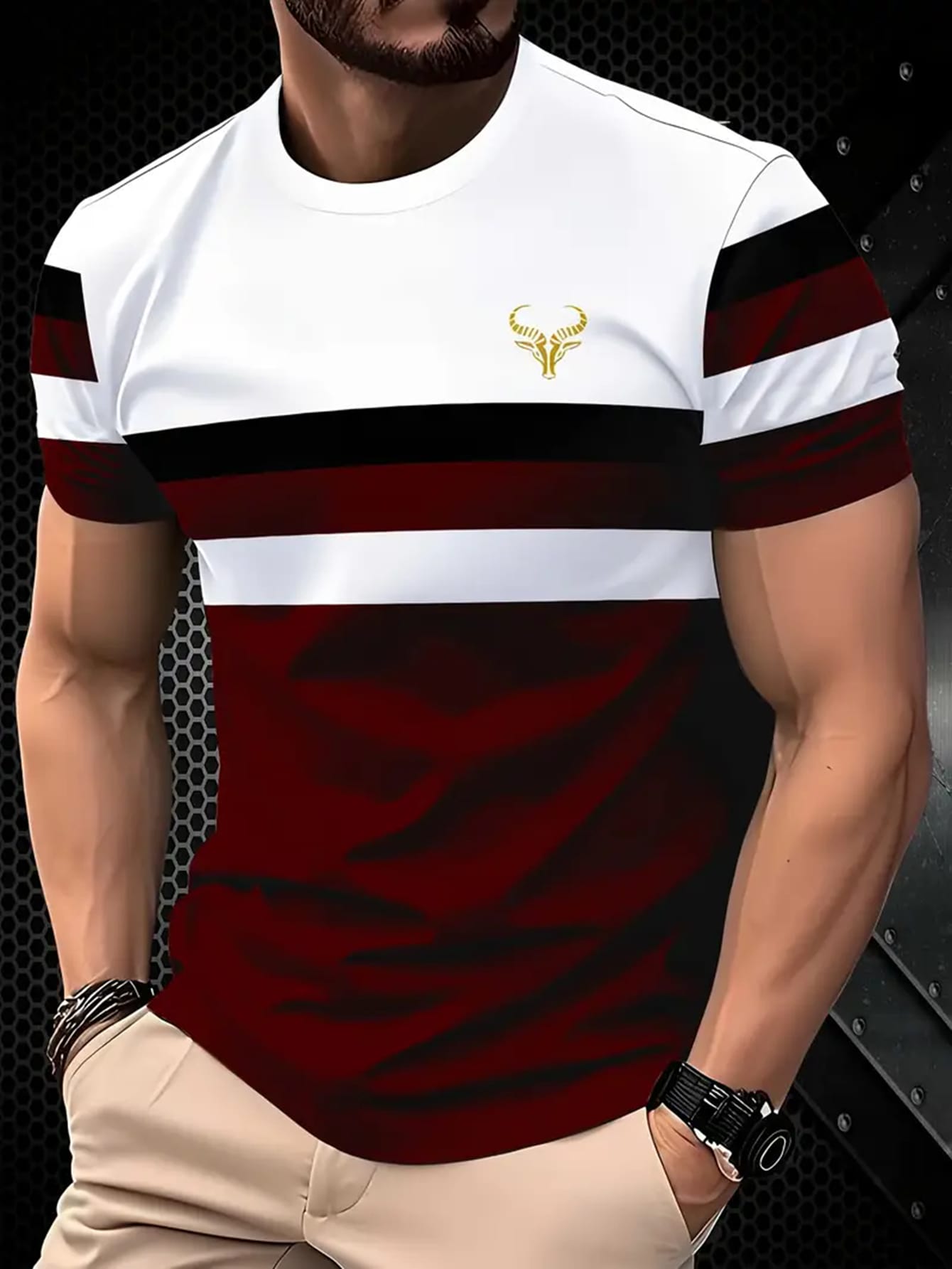 Men's 3D Printed Striped Round Neck Short Sleeve T-Shirt