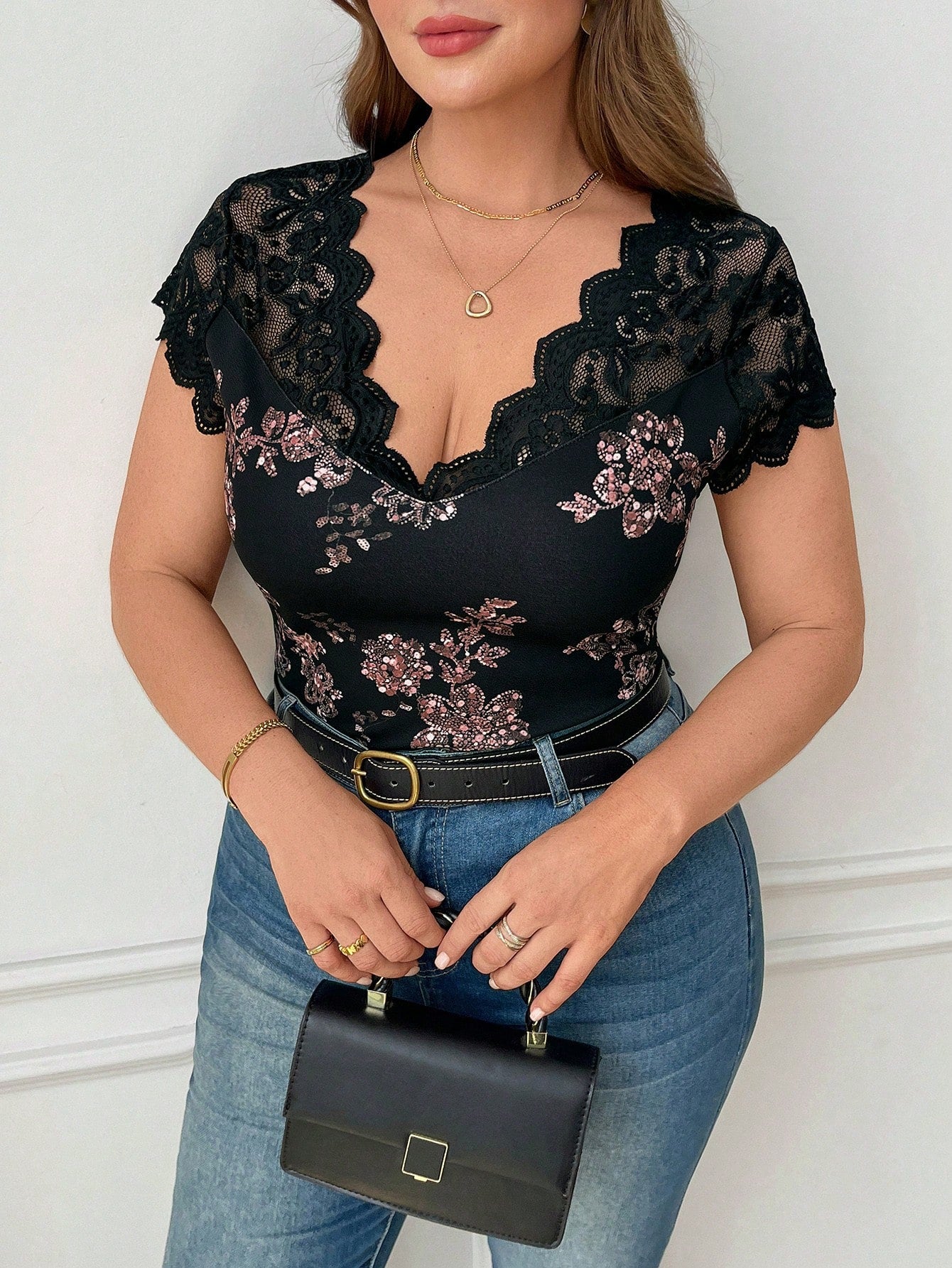 Women's Plus Size Elegant Floral Print Lace Patchwork T-Shirt