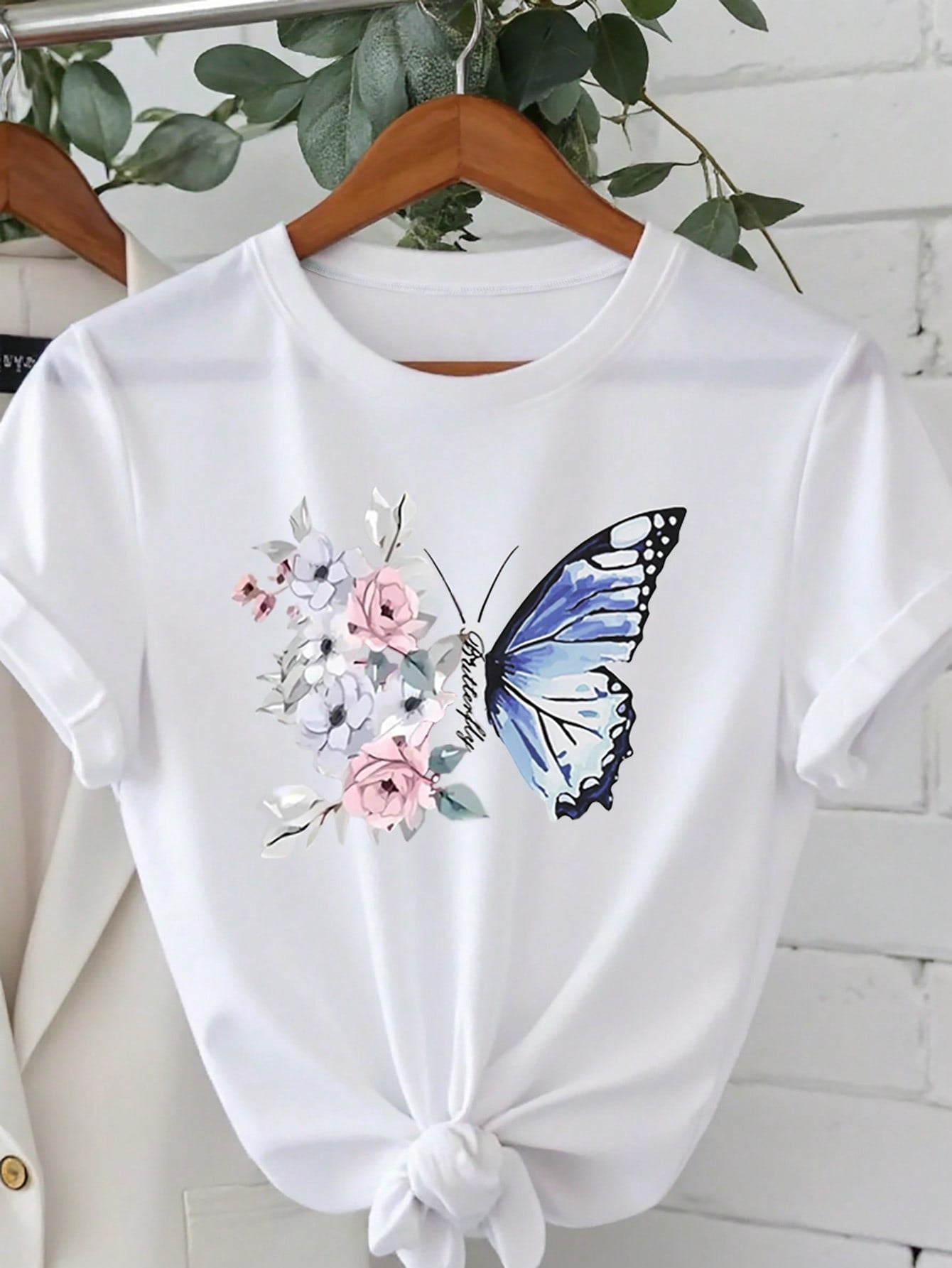 Stugaz Women's Floral Butterfly Print Round Neck White T-Shirt