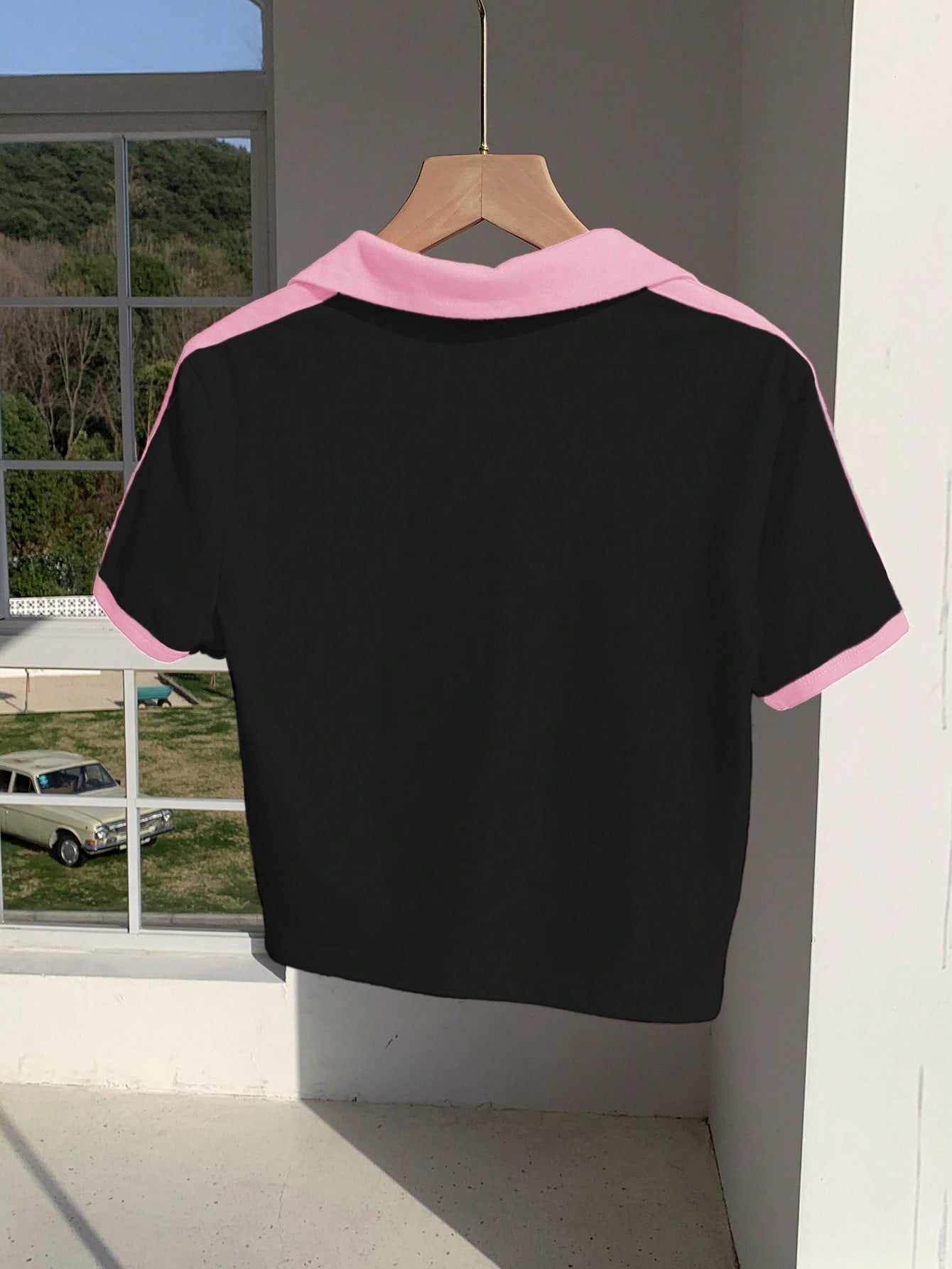 Women's Retro Colorblock Print Polo Neck Fitted T-Shirt