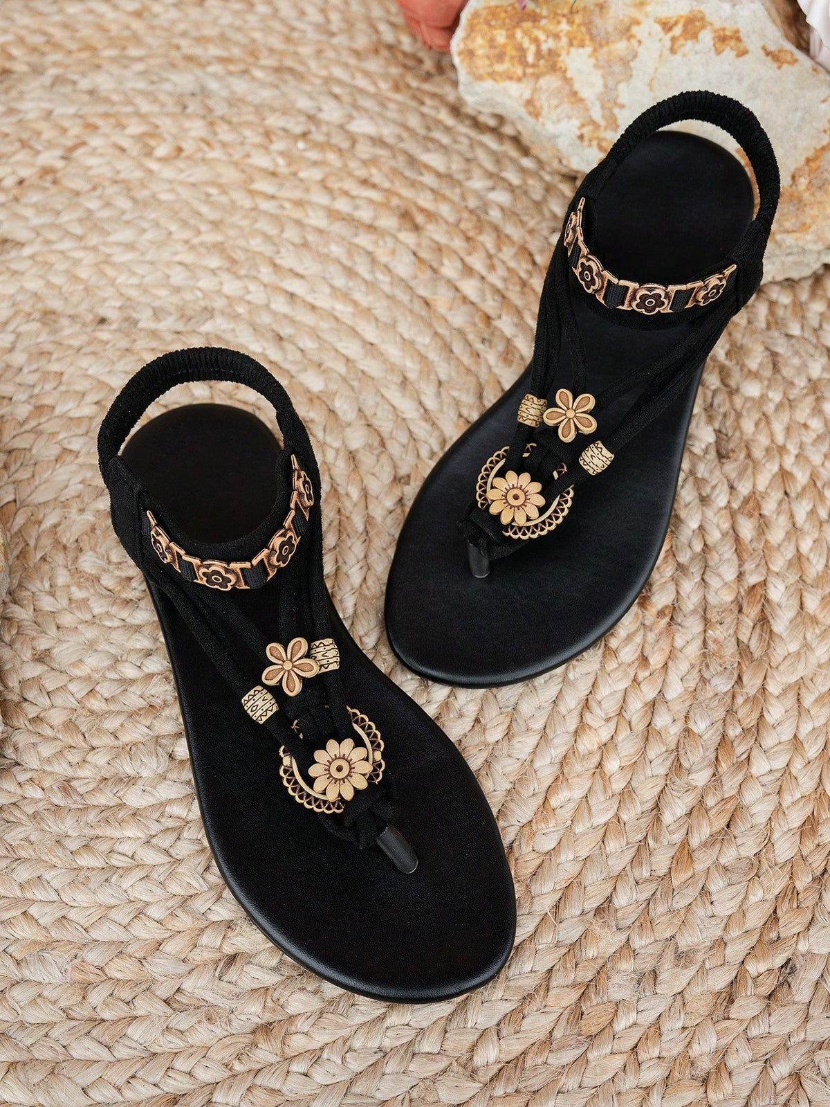 Women's Bohemian Style Flat Casual Versatile Beach Sandals Black