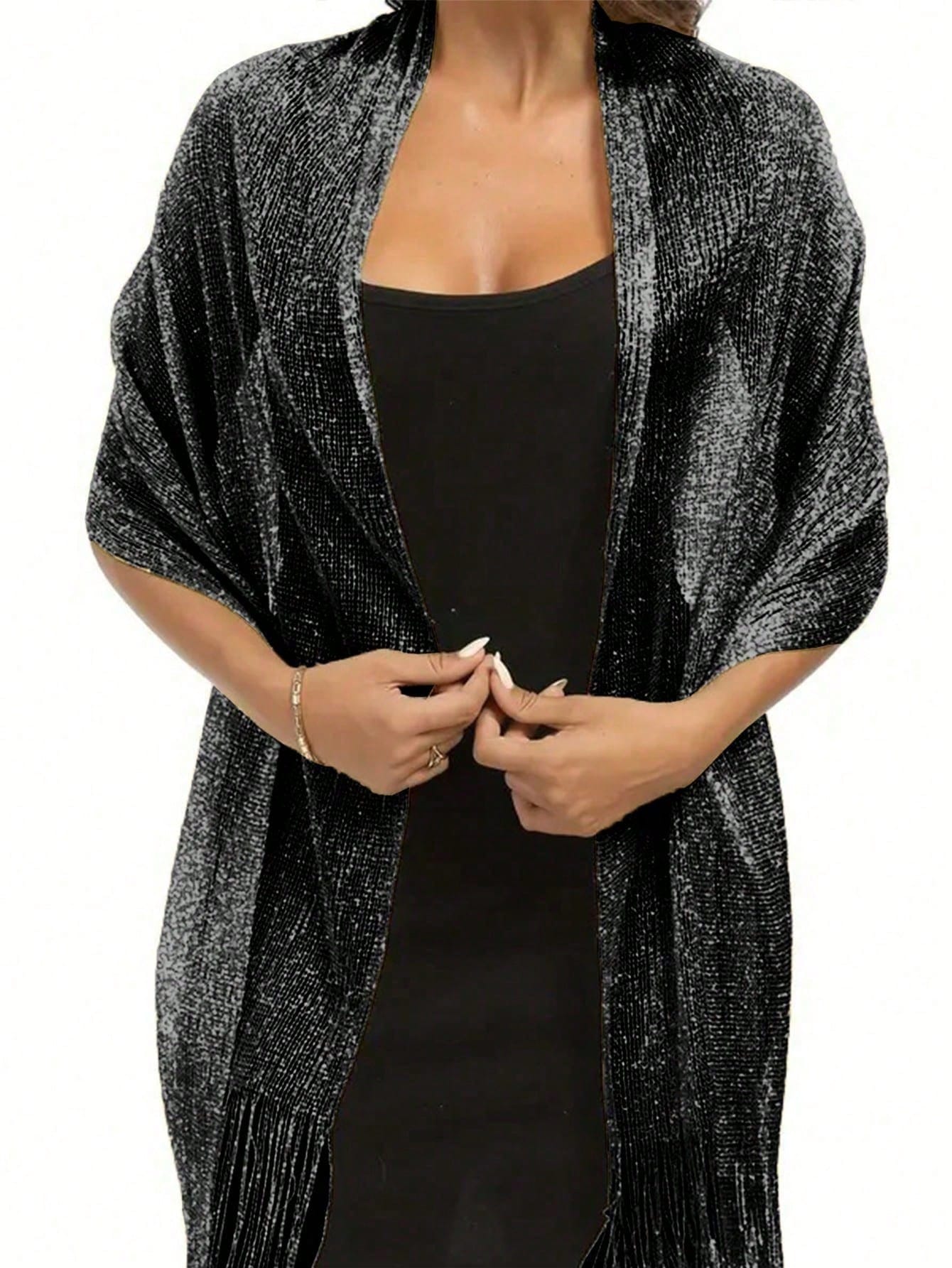 Women's Metallic Shimmer Shawl Wrap with Round Buckle