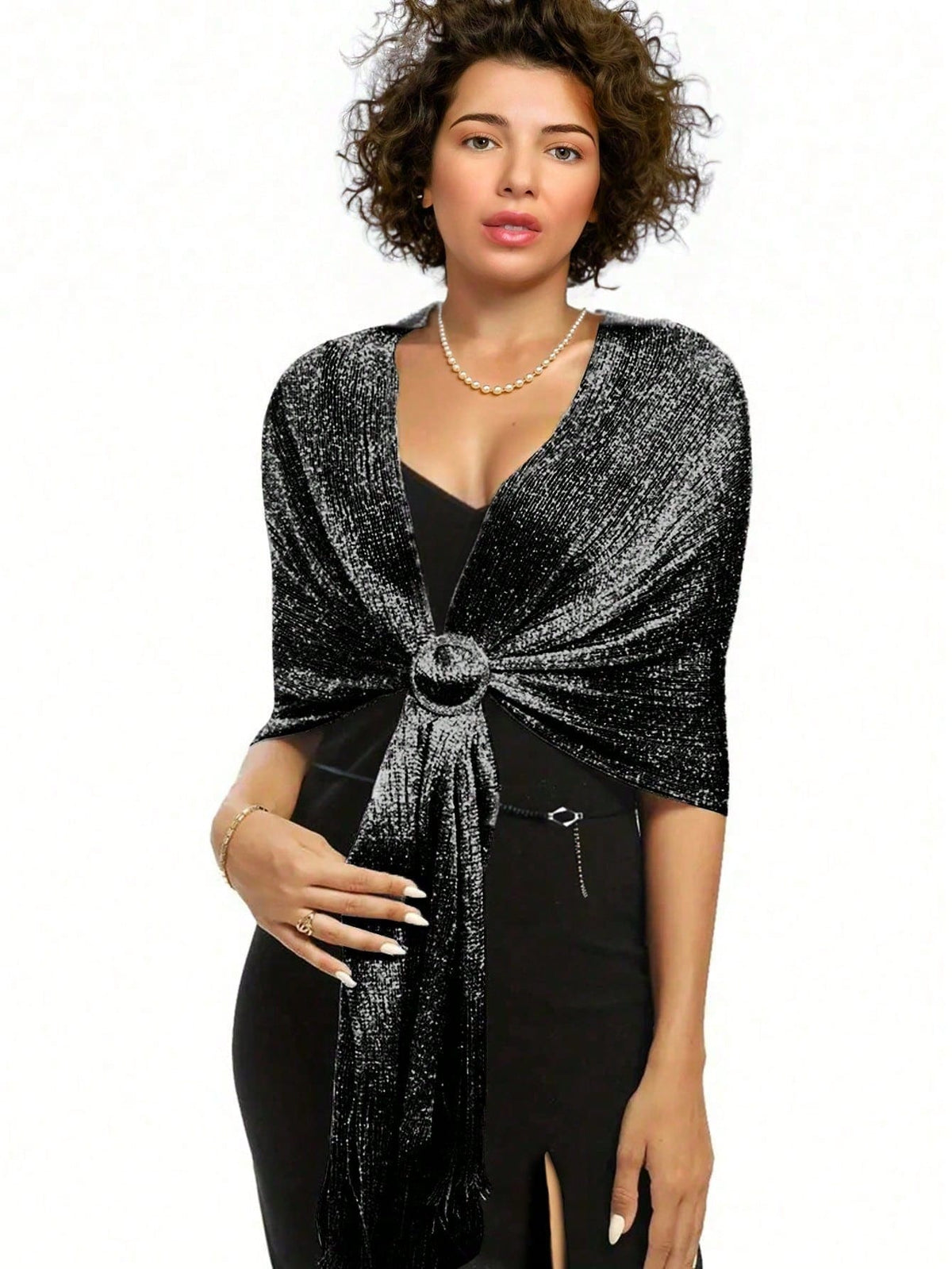 Women's Metallic Shimmer Shawl Wrap with Round Buckle