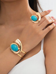 Women's Fashionable Metal Embedded Pearl Bracelet & Ring Set