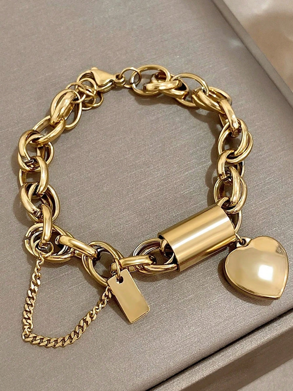 Women's Punk Chunky Heart Pendant Stainless Steel Chain Bracelet
