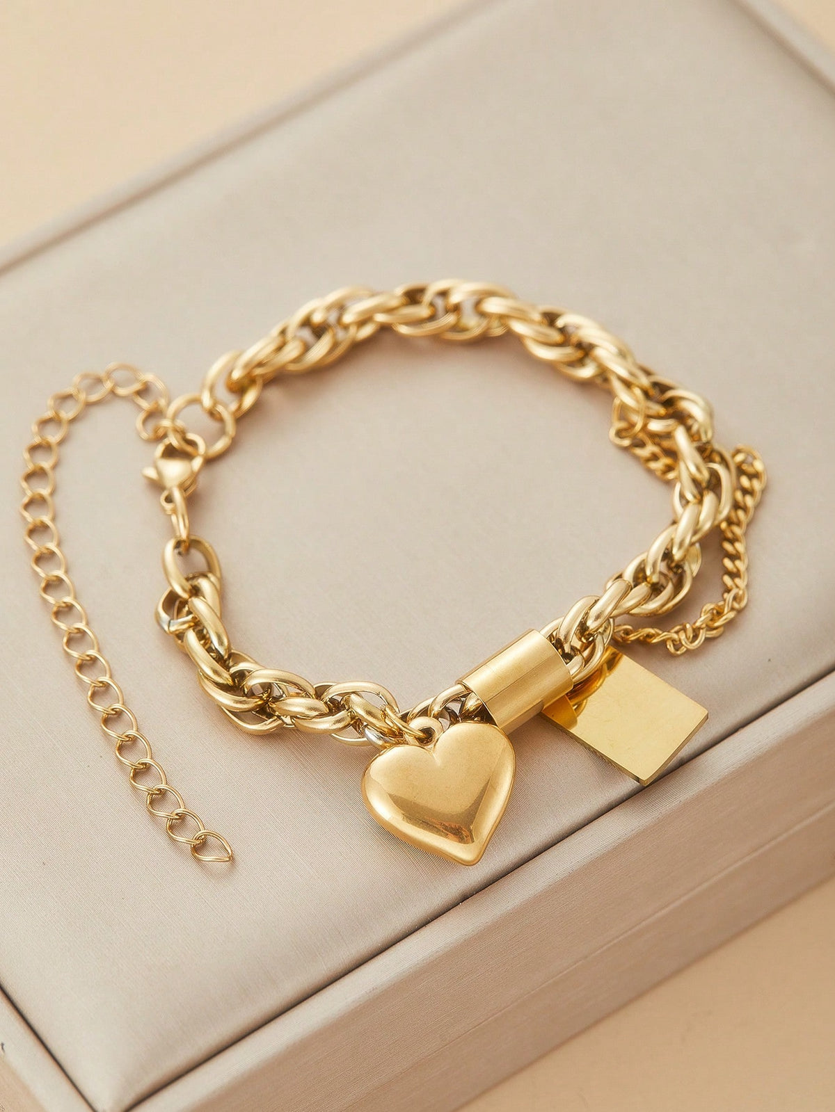 Women's Punk Chunky Heart Pendant Stainless Steel Chain Bracelet