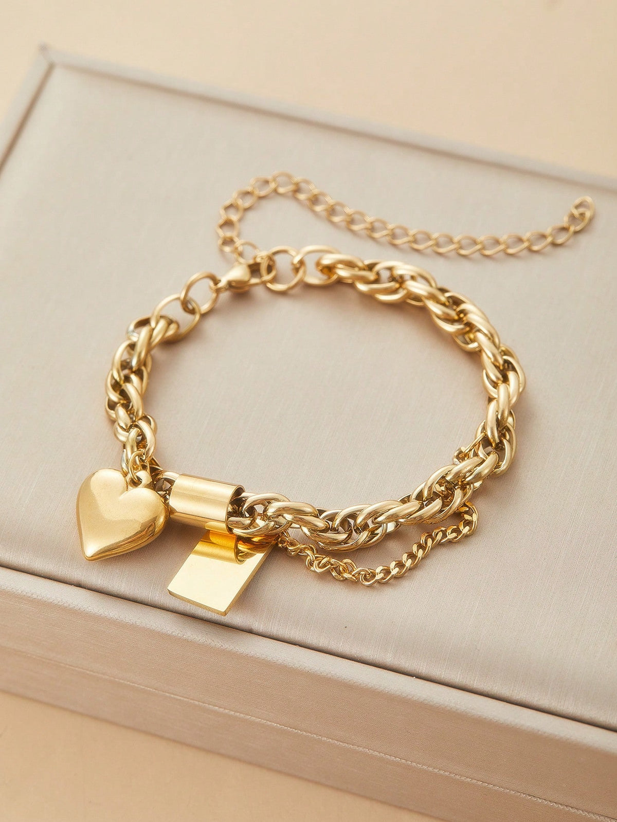 Women's Punk Chunky Heart Pendant Stainless Steel Chain Bracelet