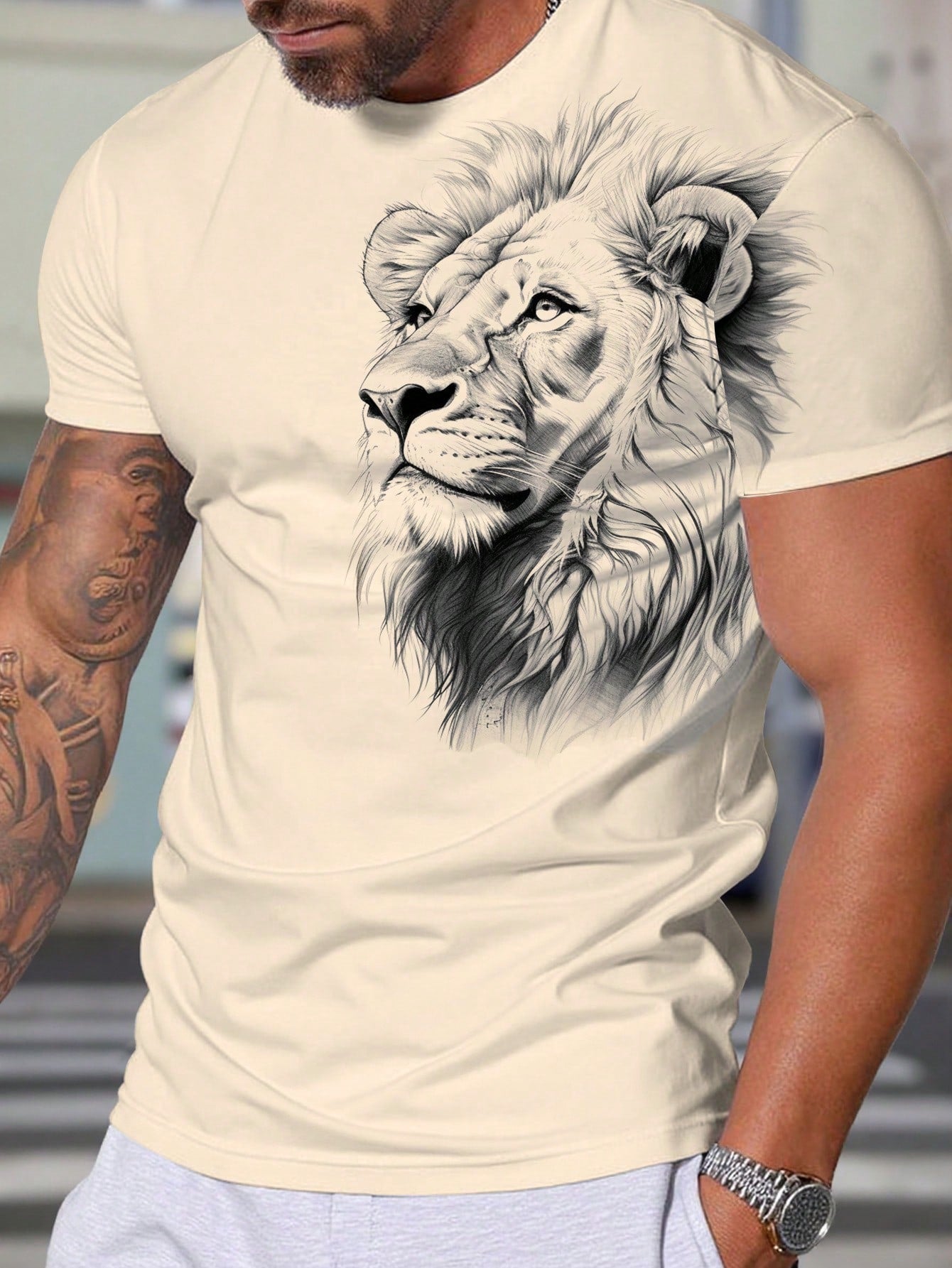 Men's Lion Print Casual Short Sleeve Crewneck T-Shirt
