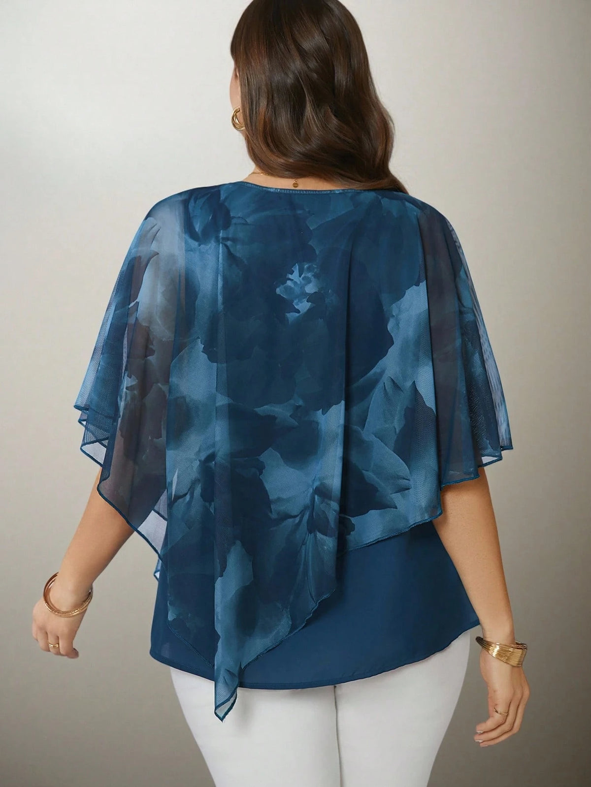 Women's Plus Size Elegant Mesh Flowing Cape Blouse