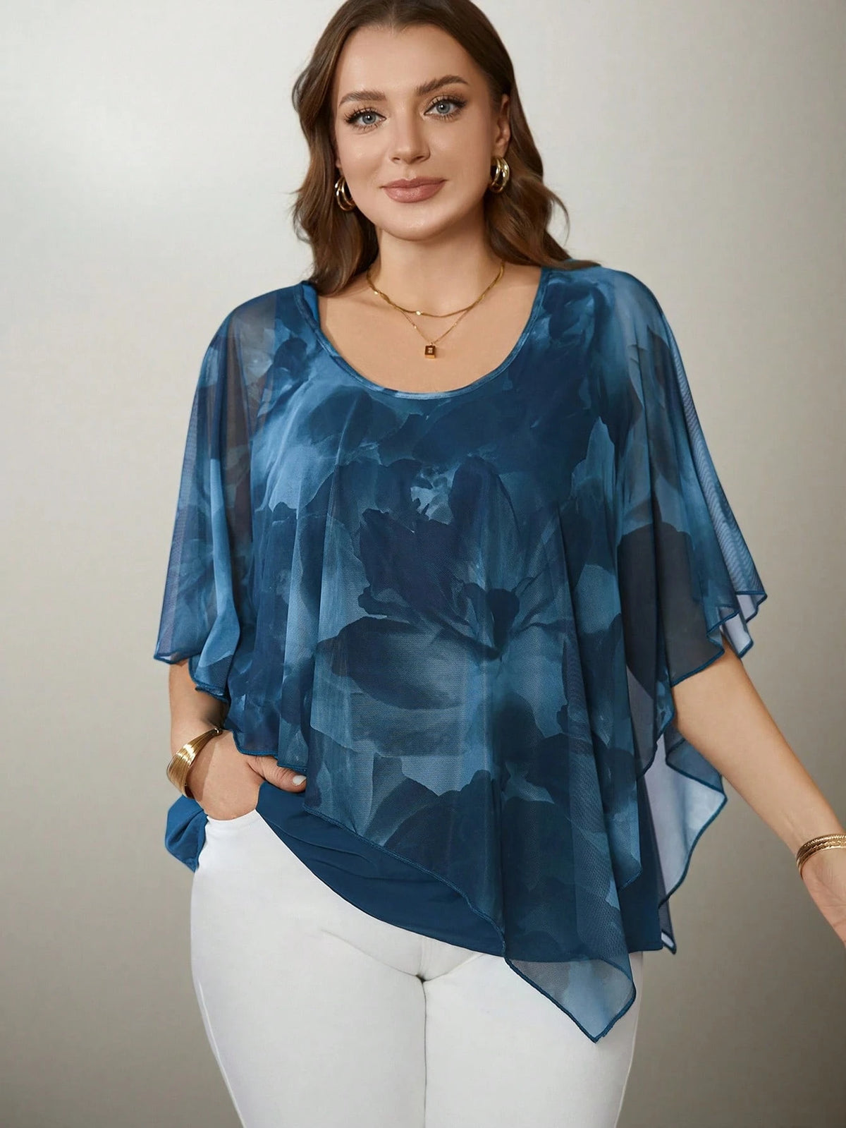 Women's Plus Size Elegant Mesh Flowing Cape Blouse