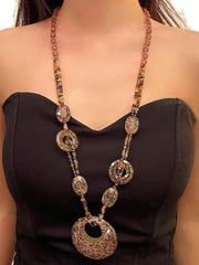Women's Retro Leopard Beaded Oval Pendant Long Necklace