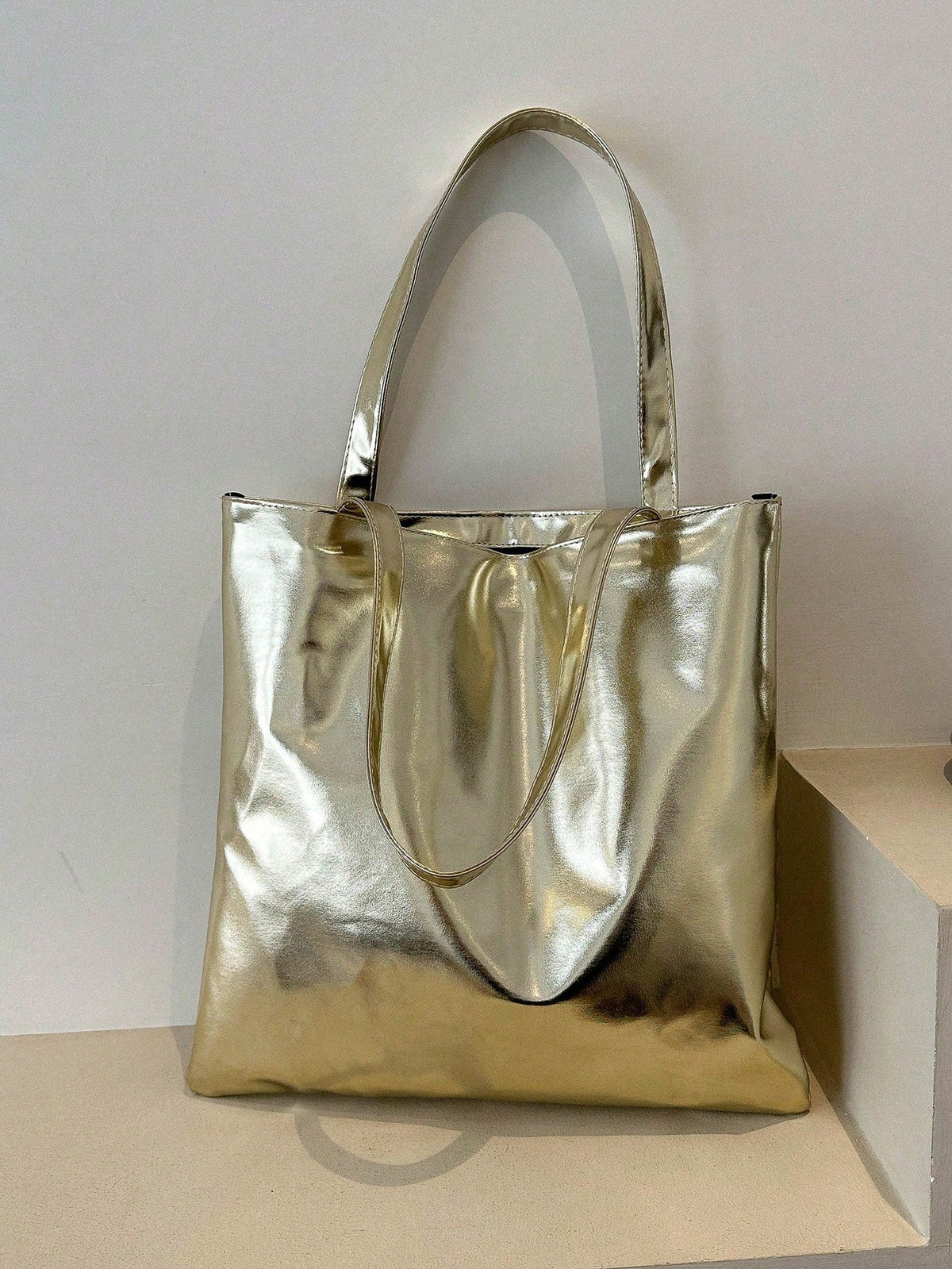 Women's Glossy Minimalist Large PU Leather Shoulder Tote Bag