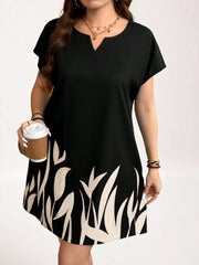 SHEIN LUNE Plus Size Women's Floral Print V-Neck Dress Black