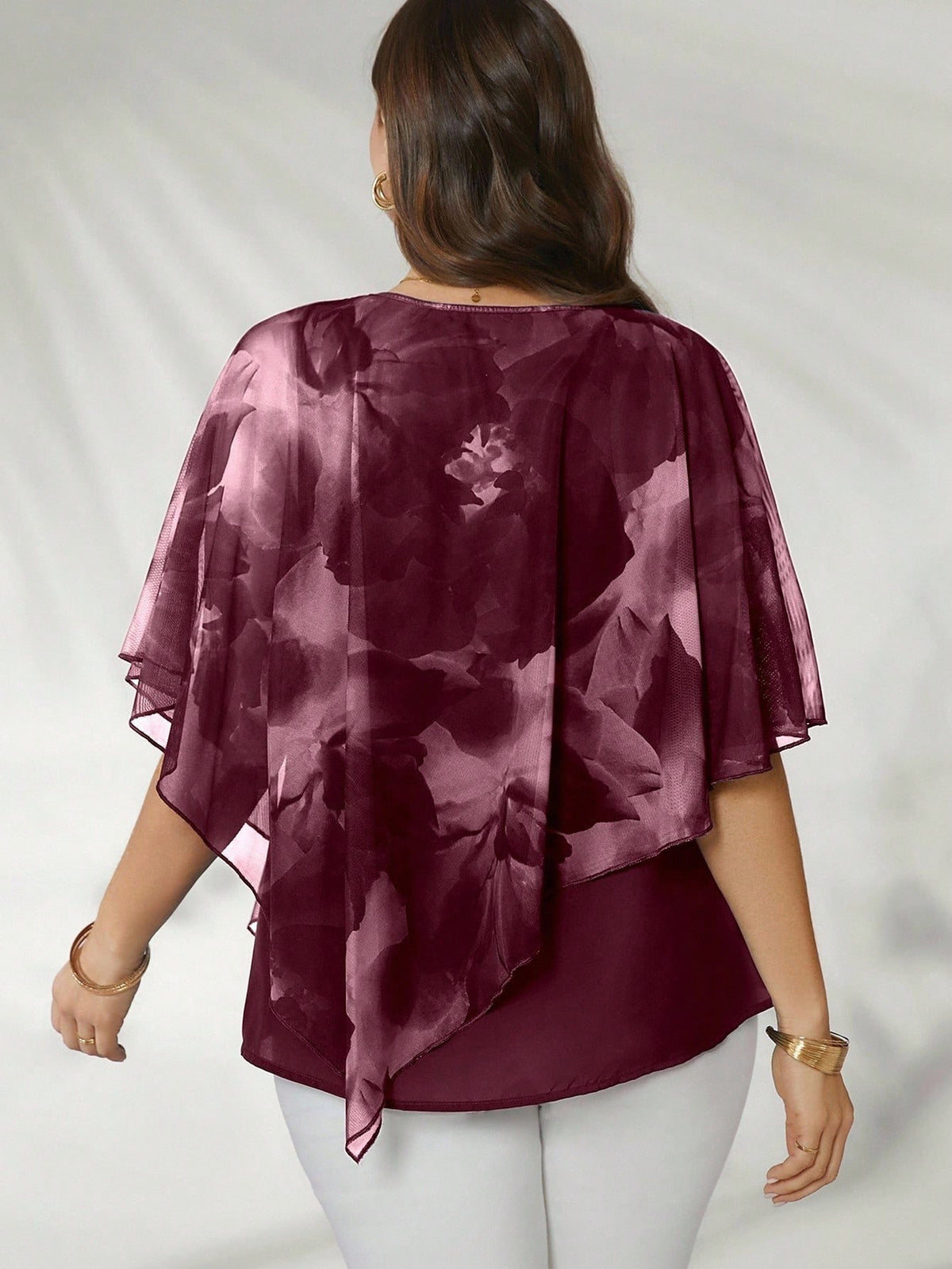 Women's Plus Size Elegant Mesh Flowy Cape Blouse