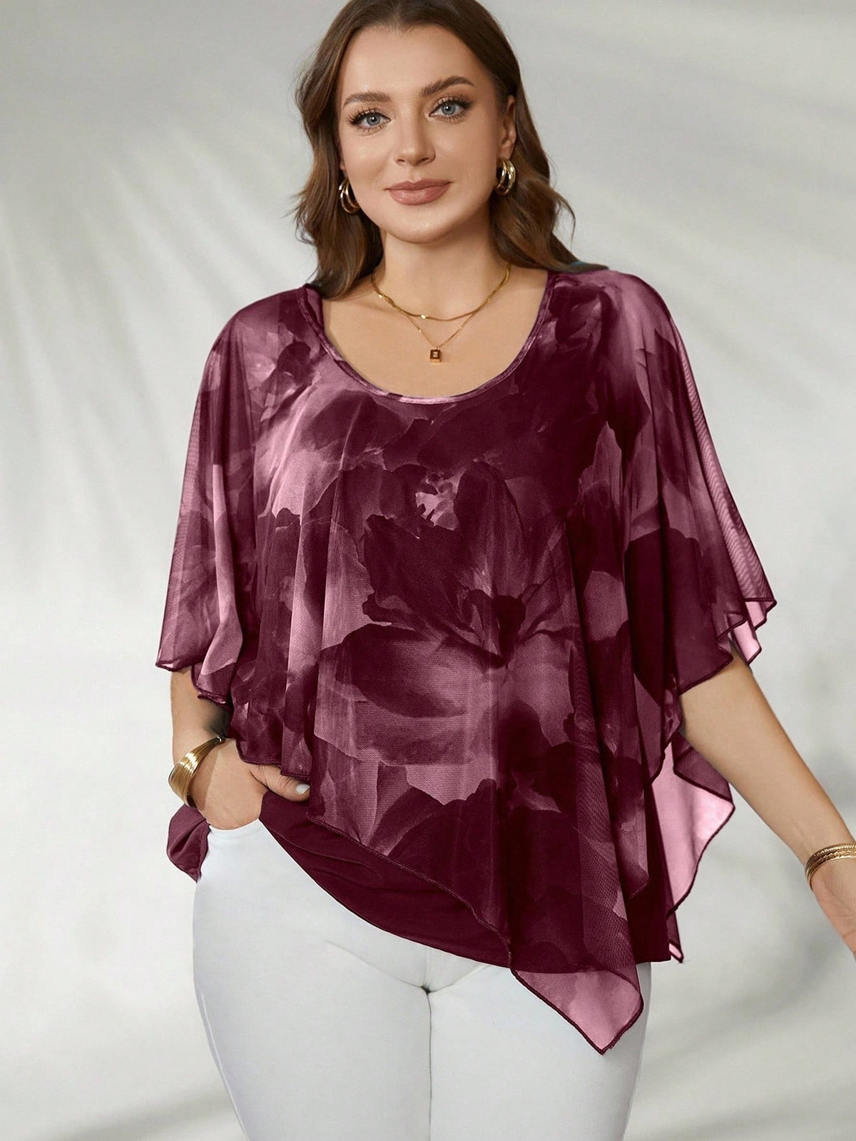 Women's Plus Size Elegant Mesh Flowy Cape Blouse