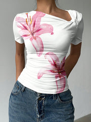 Women's Asymmetric Collar Ruched Short Sleeve Casual T-Shirt