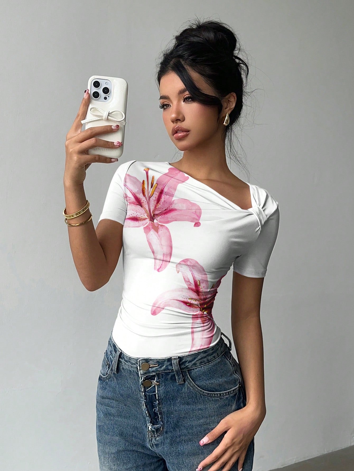 Women's Asymmetric Collar Ruched Short Sleeve Casual T-Shirt