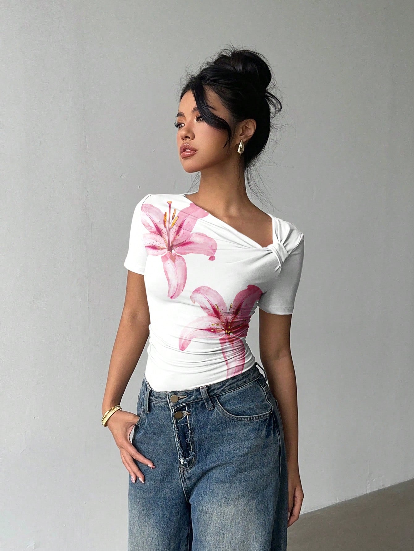 Women's Asymmetric Collar Ruched Short Sleeve Casual T-Shirt