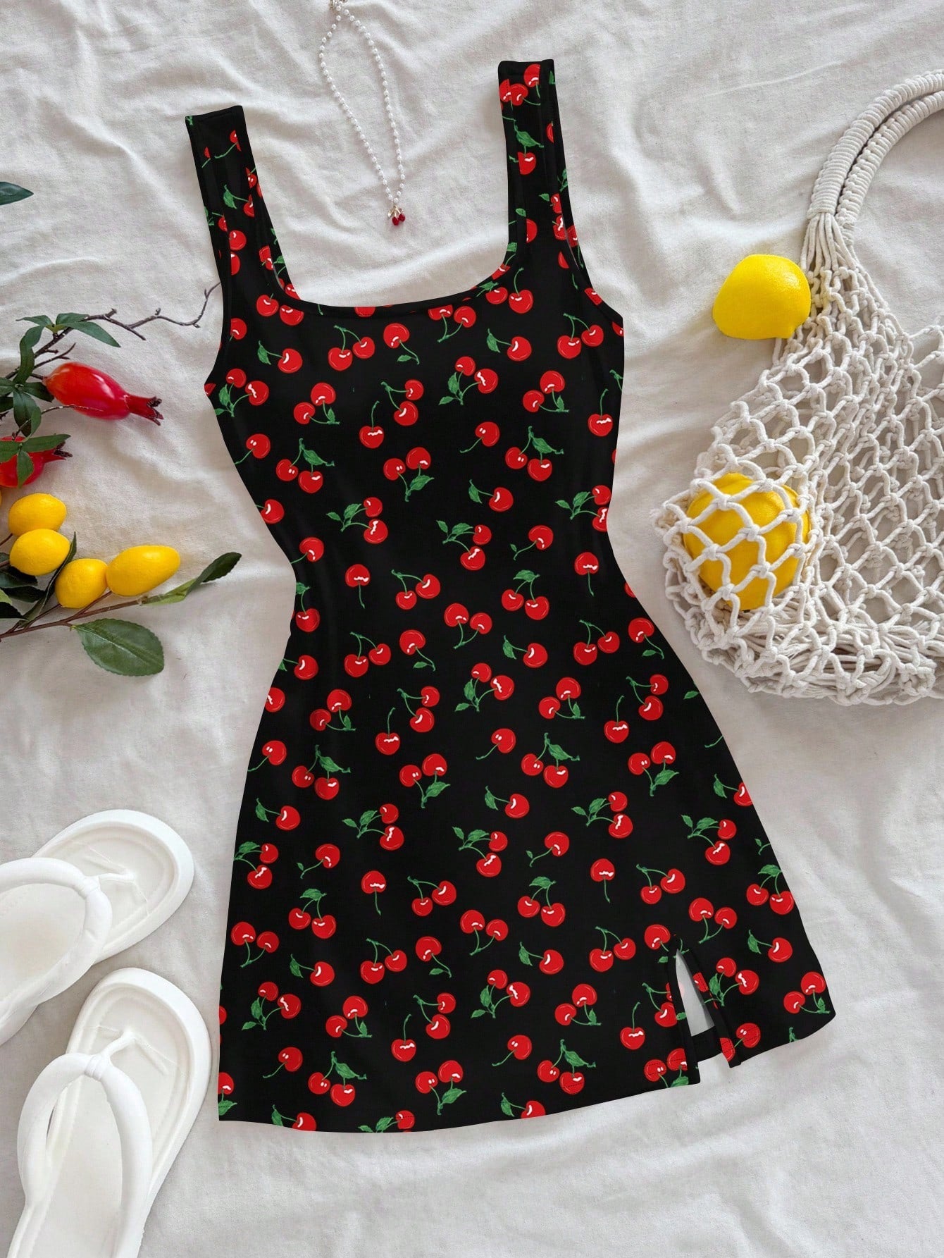 Women's Cherry Print Backless U-Neck Slim Fit Mini Dress