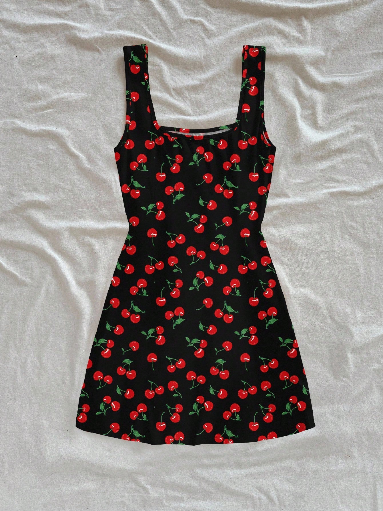 Women's Cherry Print Backless U-Neck Slim Fit Mini Dress