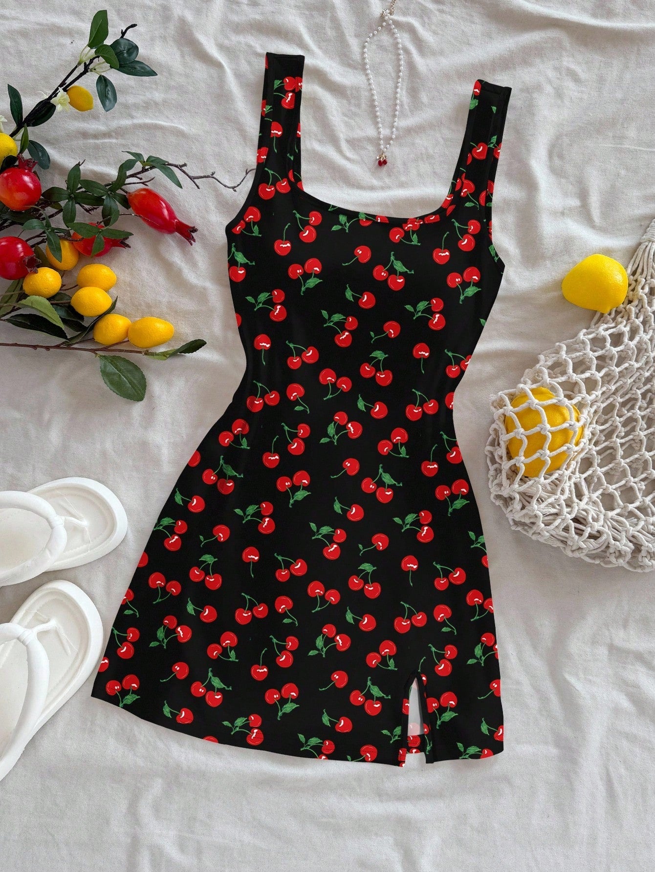 Women's Cherry Print Backless U-Neck Slim Fit Mini Dress