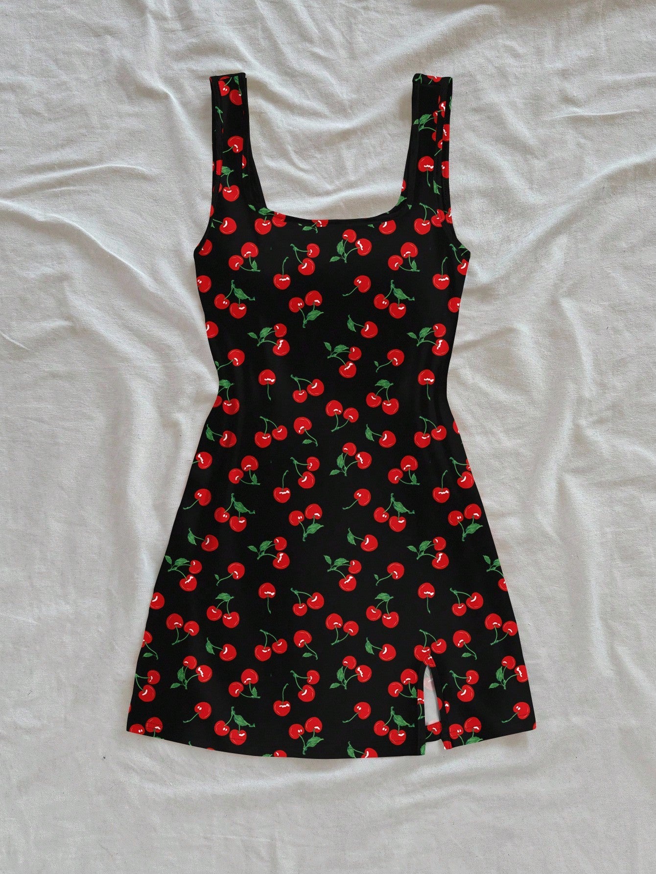 Women's Cherry Print Backless U-Neck Slim Fit Mini Dress