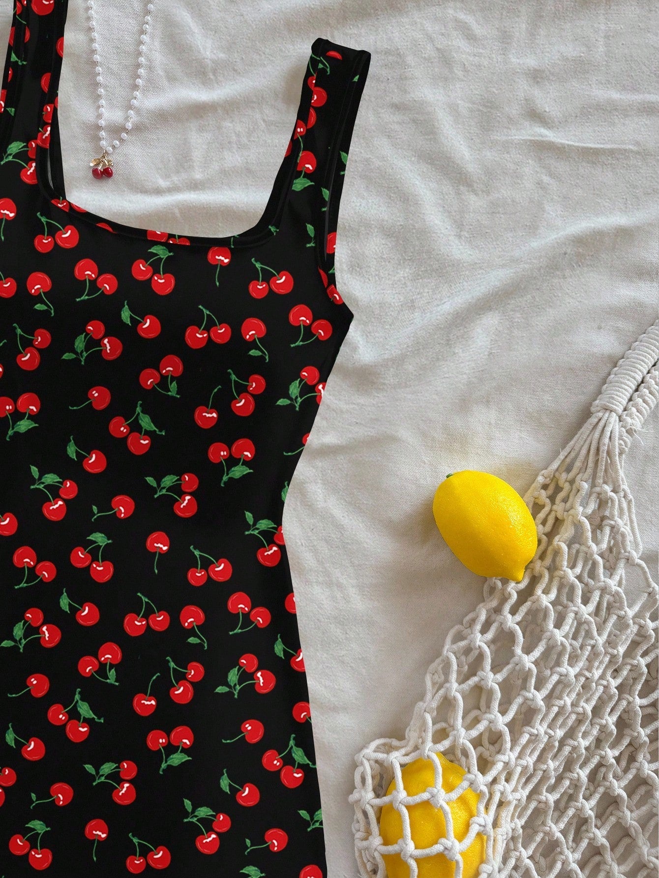 Women's Cherry Print Backless U-Neck Slim Fit Mini Dress