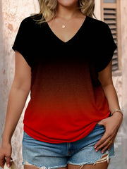SHEIN LUNE Plus Size Women's Ombre V-Neck Short Sleeve Casual T-Shirt