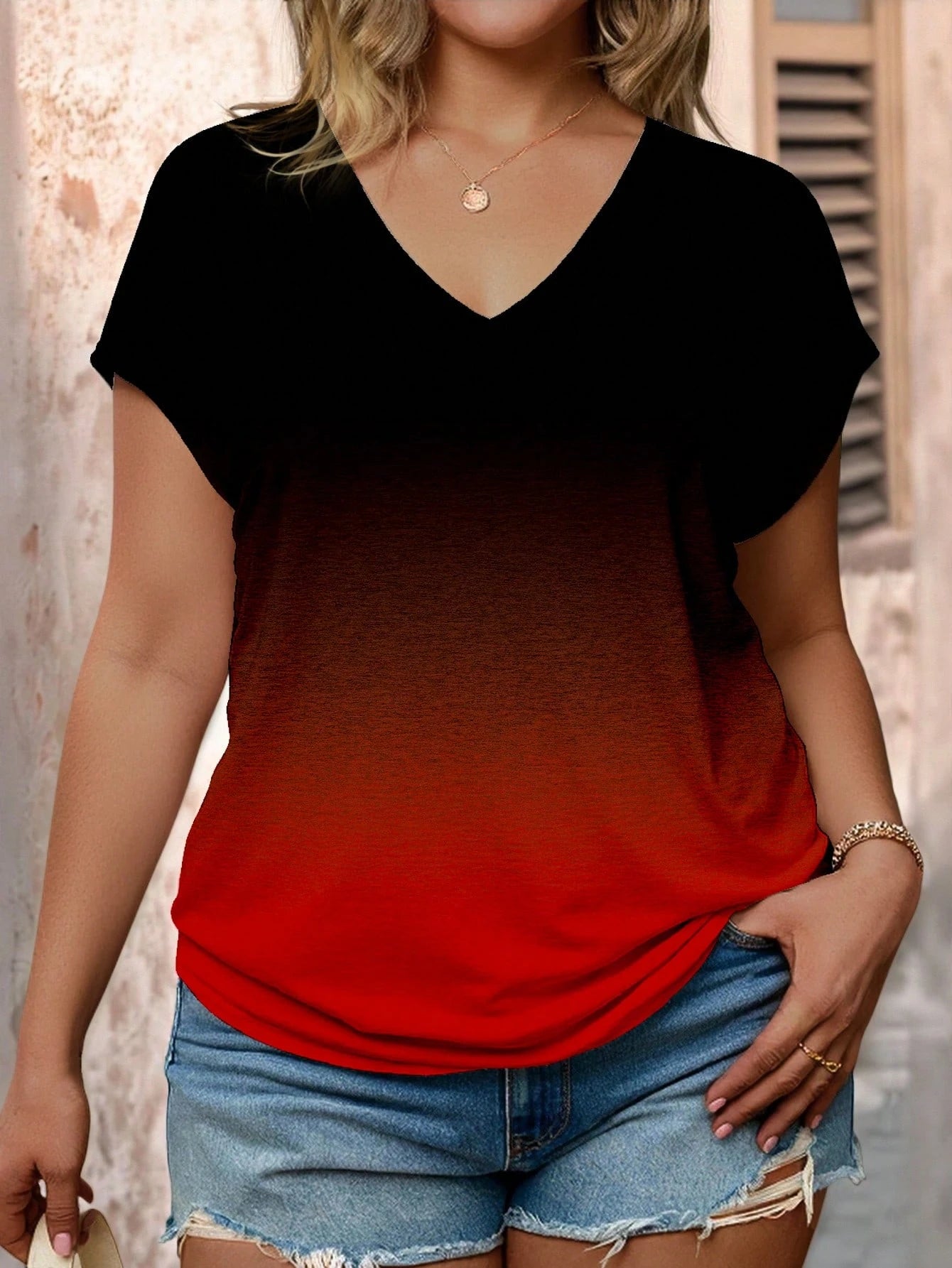SHEIN LUNE Plus Size Women's Ombre V-Neck Short Sleeve Casual T-Shirt