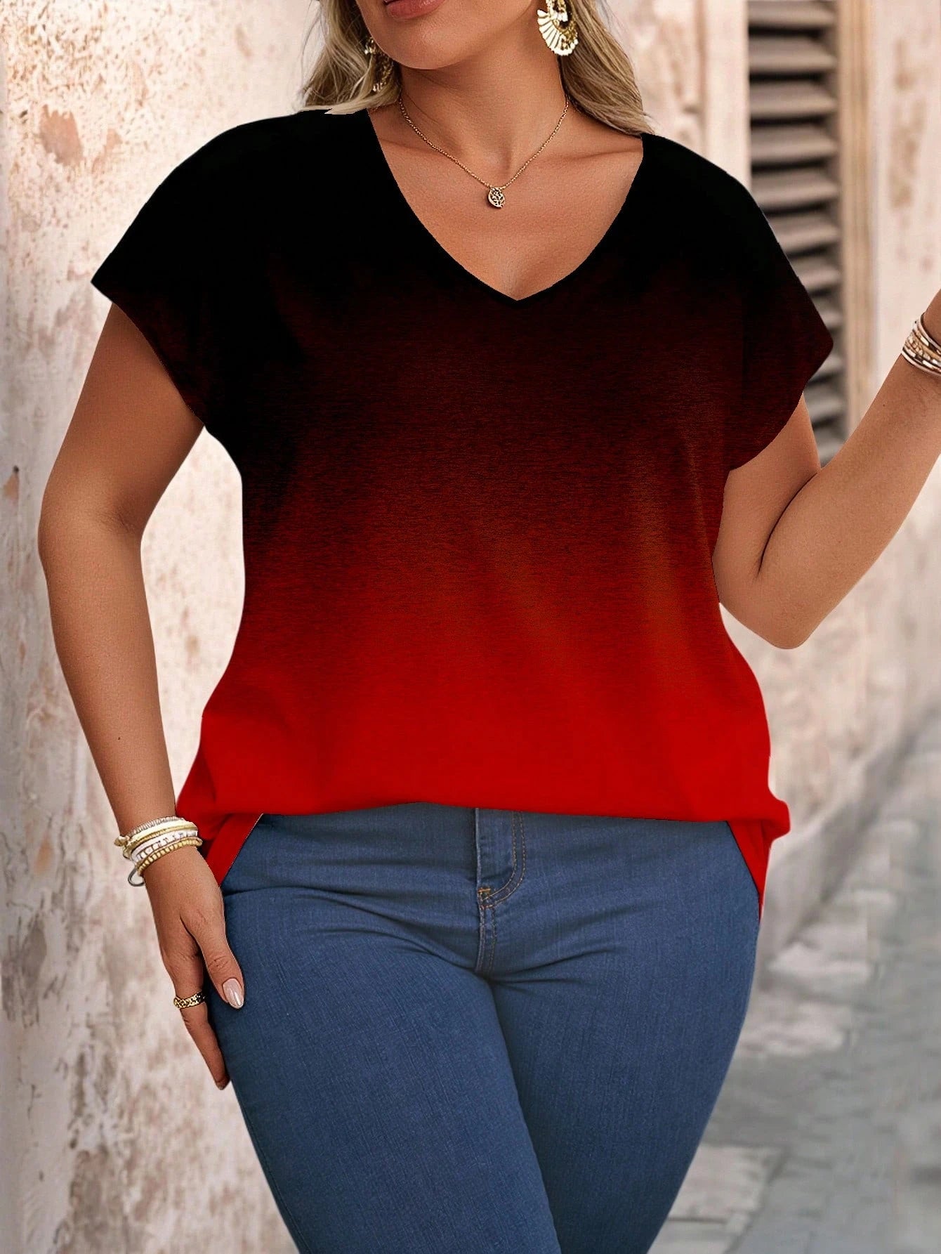 SHEIN LUNE Plus Size Women's Ombre V-Neck Short Sleeve Casual T-Shirt