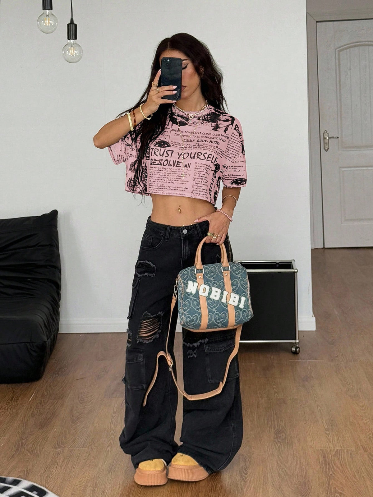 Women's Newspaper Print Mesh Crop Short Sleeve Top
