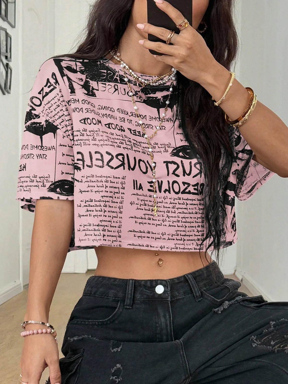 Women's Newspaper Print Mesh Crop Short Sleeve Top