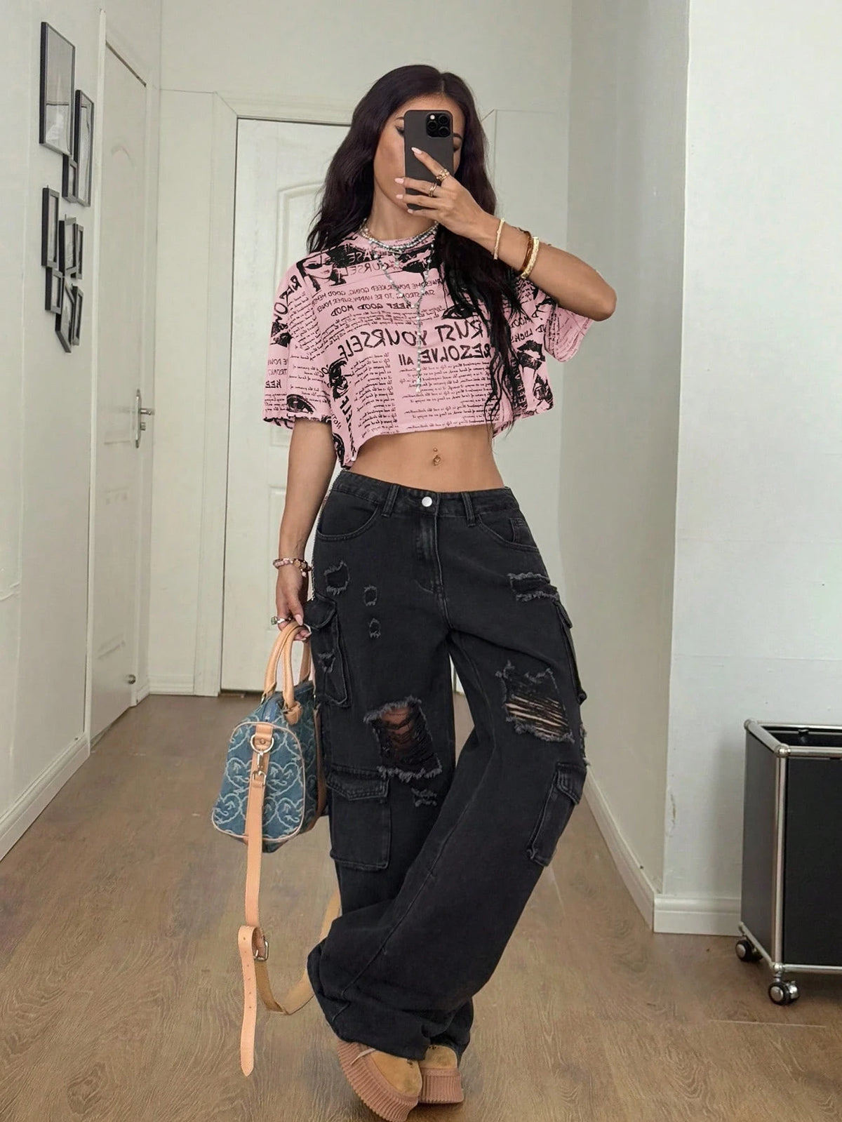 Women's Newspaper Print Mesh Crop Short Sleeve Top
