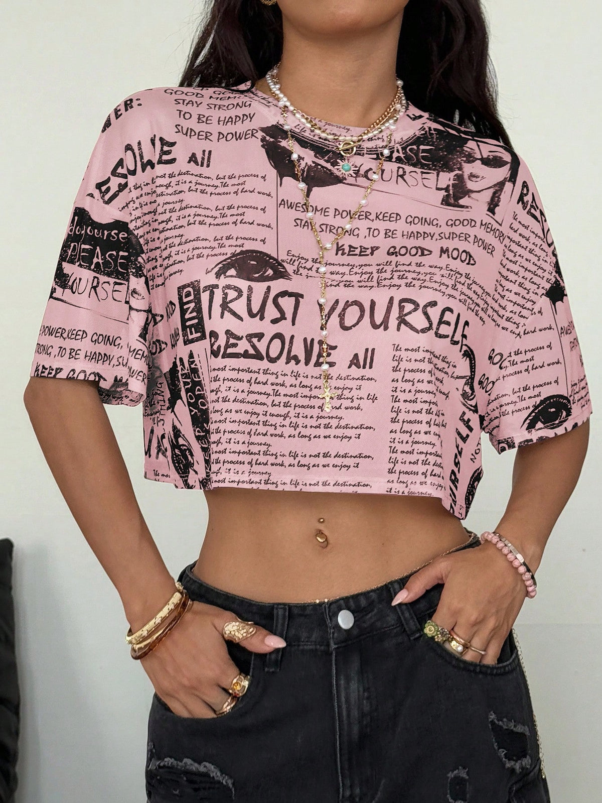Women's Newspaper Print Mesh Crop Short Sleeve Top
