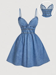 Women's Casual Frill Trim Denim Cami Sun Dress