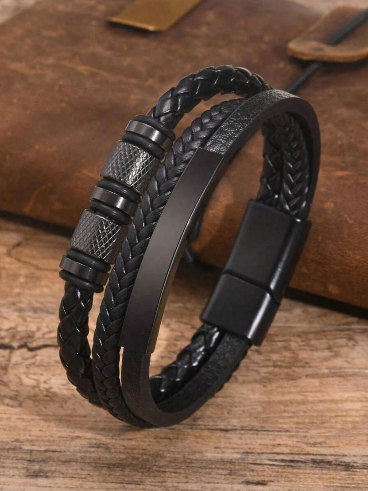 Men's Curved PU Leather Braided Wristband Bracelet