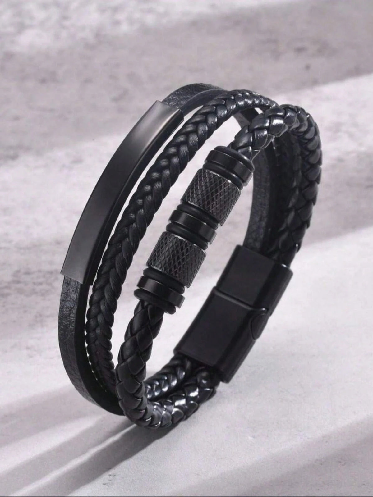 Men's Curved PU Leather Braided Wristband Bracelet